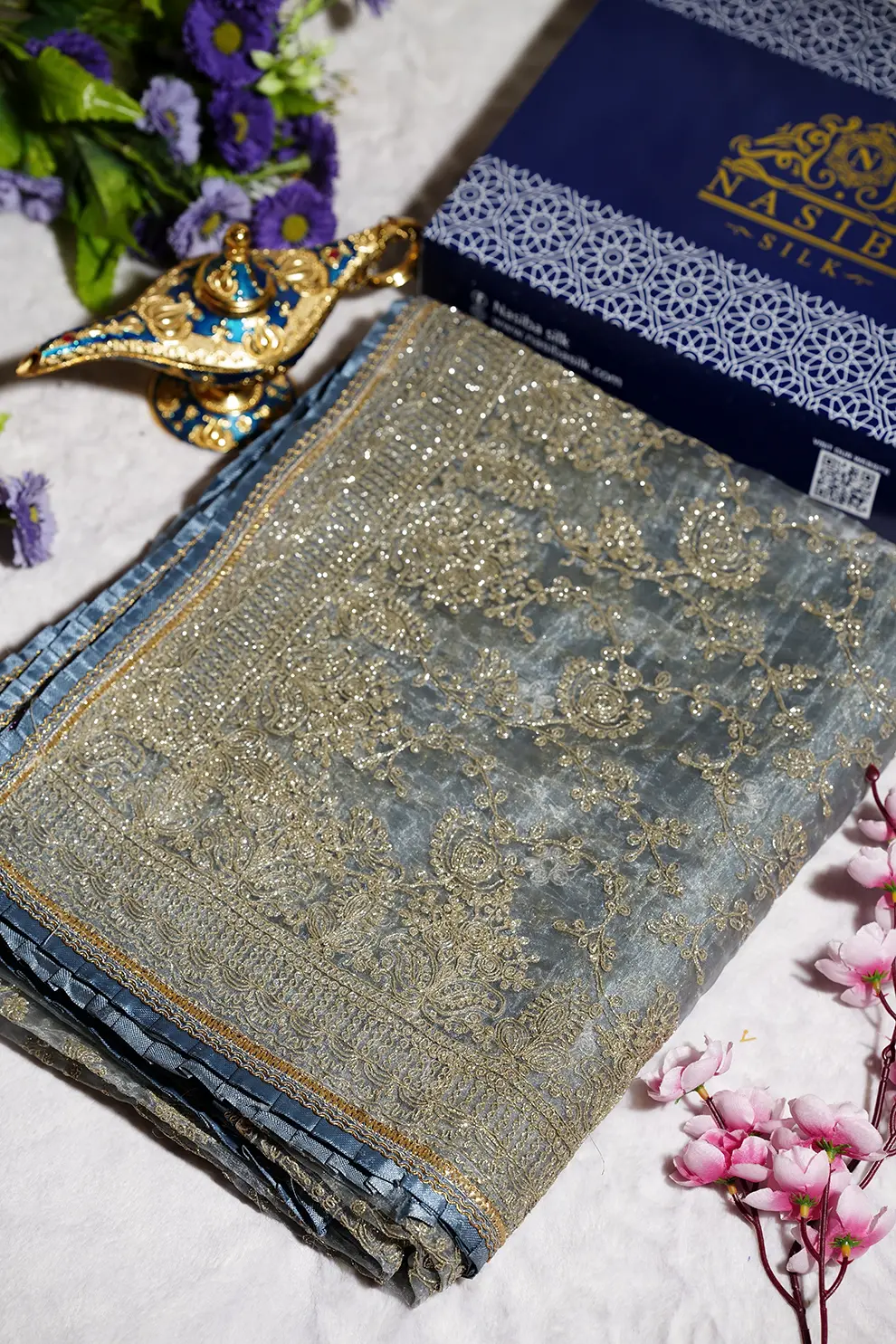 Ash Muslin Cord Glitter Embroidery Work Saree